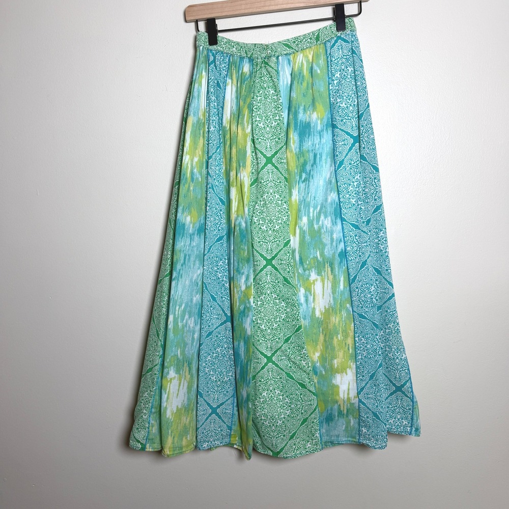 Choices Womens 100% Cotton Skirt L Green Blue Mixed Print Boho Hippie Festival